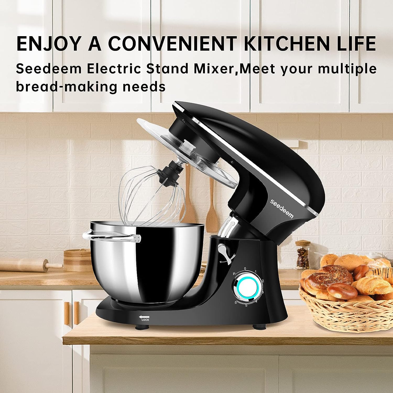 Seedeem Stand Mixer, 6Qt Electric Food Mixer, 660W 6-Speeds Tilt-Head Dough Mixers with Dishwasher-Safe Dough Hook, Wire Whip & Beater for Daily Use, Black