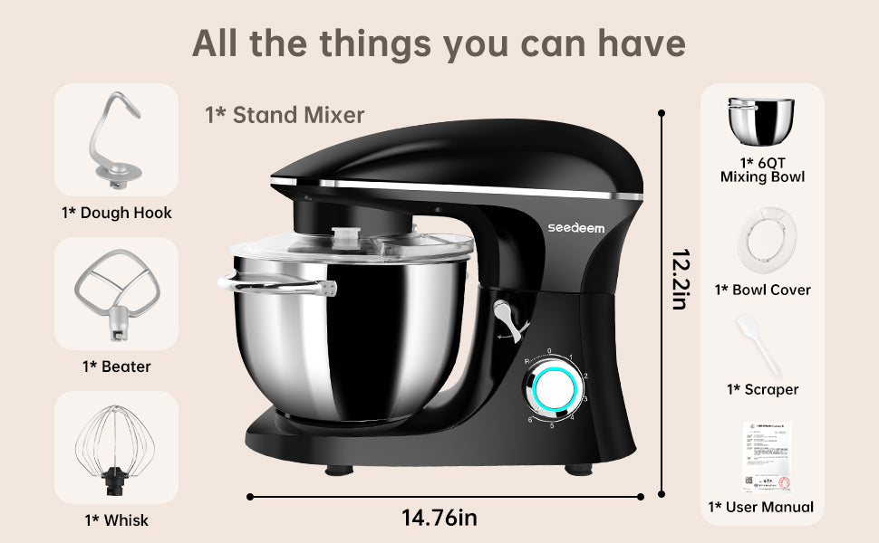Seedeem Stand Mixer, 6Qt Electric Food Mixer, 660W 6-Speeds Tilt-Head Dough Mixers with Dishwasher-Safe Dough Hook, Wire Whip & Beater for Daily Use, Black