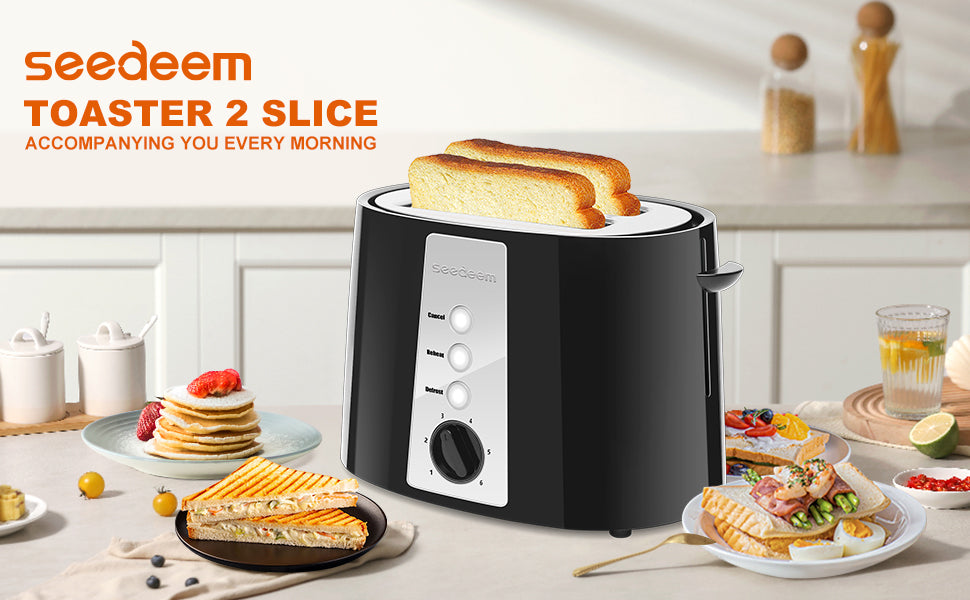 SEEDEEM Toaster 2 Slice, Extra Wide Slot Toaster, 6 Shade Settings, Bread Toaster with Cancel, Defrost, Reheat Function, Extra Wide Slots for Waffle or Bagel, Removable Crumb Tray, 750W, Classic Black