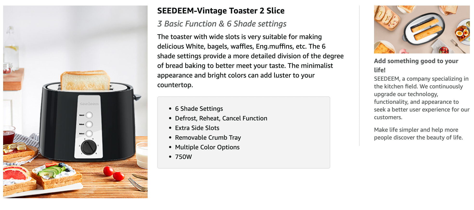 SEEDEEM Toaster 2 Slice, Extra Wide Slot Toaster, 6 Shade Settings, Bread Toaster with Cancel, Defrost, Reheat Function, Extra Wide Slots for Waffle or Bagel, Removable Crumb Tray, 750W, Classic Black