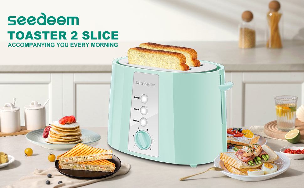 SEEDEEM Toaster 2 Slice, Extra Wide Slot Toaster, 6 Shade Settings, Bread Toaster with Cancel, Defrost, Reheat Function, Extra Wide Slots for Waffle or Bagel, Removable Crumb Tray, 750W, Azure Blue