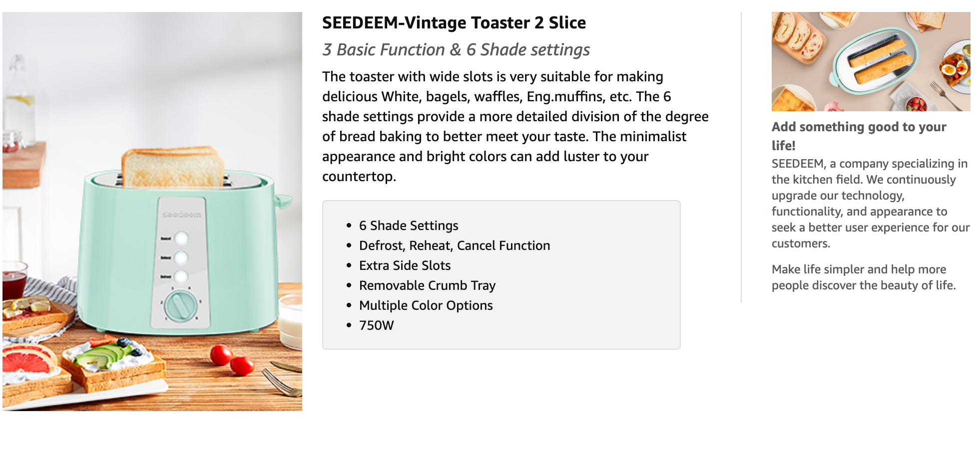 SEEDEEM Toaster 2 Slice, Extra Wide Slot Toaster, 6 Shade Settings, Bread Toaster with Cancel, Defrost, Reheat Function, Extra Wide Slots for Waffle or Bagel, Removable Crumb Tray, 750W, Azure Blue