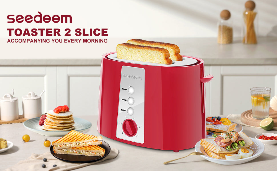 SEEDEEM Toaster 2 Slice, Extra Wide Slot Toaster, 6 Shade Settings, Bread Toaster with Cancel, Defrost, Reheat Function, Extra Wide Slots for Waffle or Bagel, Removable Crumb Tray, 750W, Retro Red