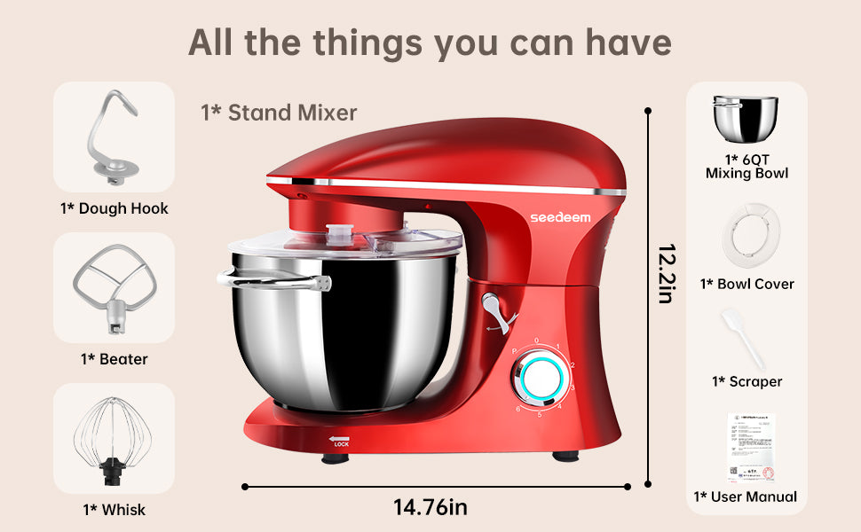 Seedeem Stand Mixer, 6Qt Electric Food Mixer, 660W 6-Speeds Tilt-Head Dough Mixers with Dishwasher-Safe Dough Hook, Wire Whip & Beater for Daily Use, Red