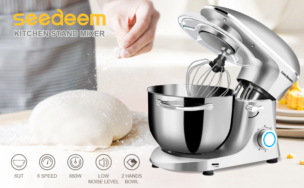 Seedeem Stand Mixer, 6Qt Electric Food Mixer, 660W 6-Speeds Tilt-Head Dough Mixers with Dishwasher-Safe Dough Hook, Wire Whip & Beater for Daily Use, Silver