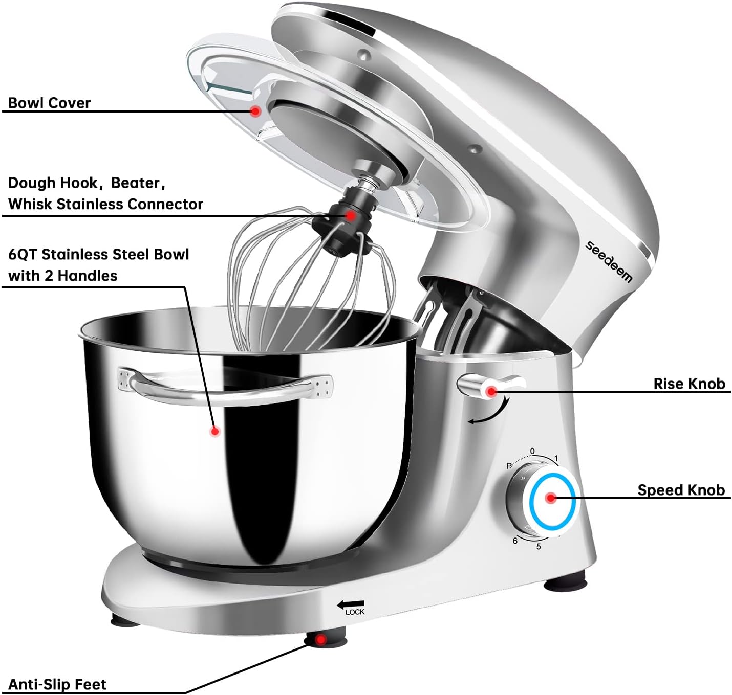 Seedeem Stand Mixer 6Qt Electric Food Mixer 660W 6 Speeds Tilt Head SEEDEEM SHOP