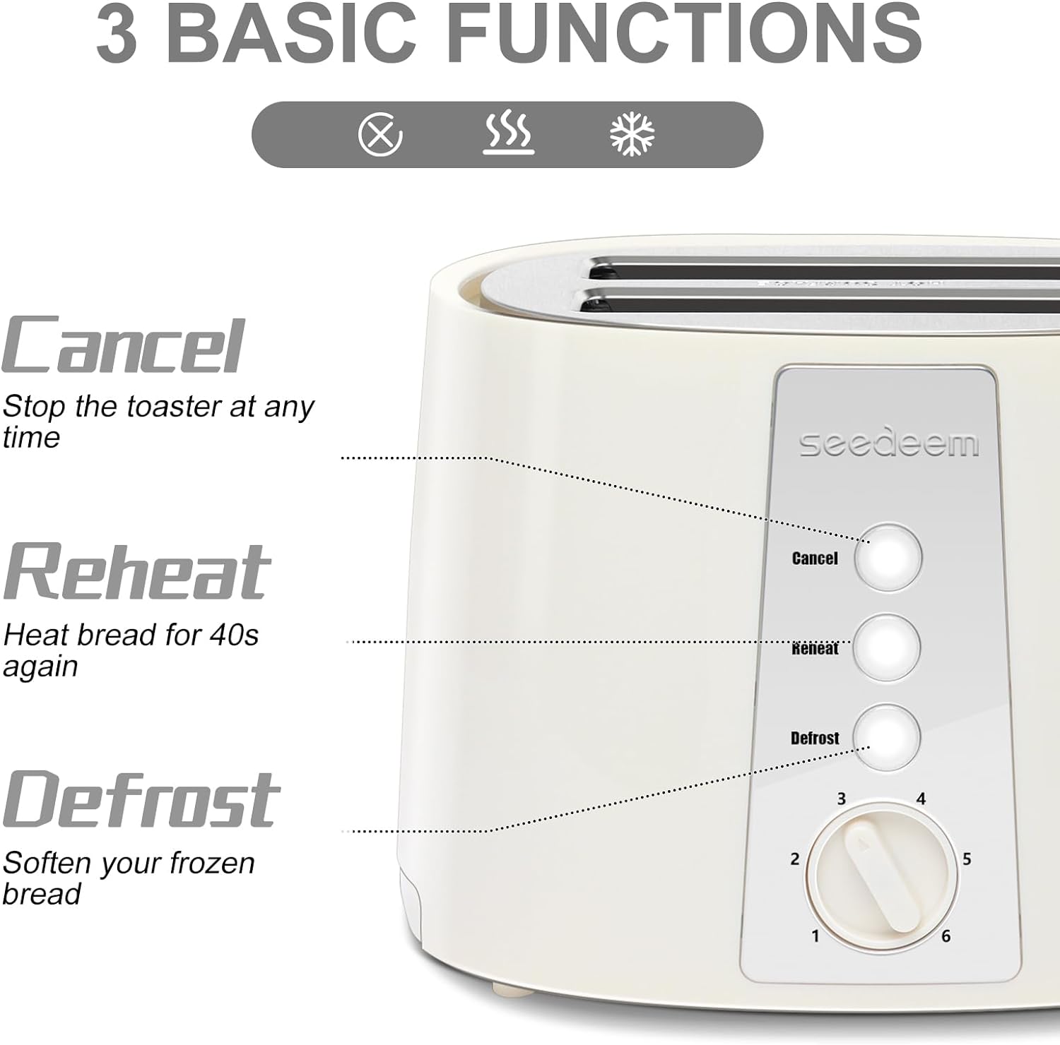 SEEDEEM Toaster 2 Slice, Extra Wide Slot Toaster, 6 Shade Settings, Bread Toaster with Cancel, Defrost, Reheat Function, Extra Wide Slots for Waffle or Bagel, Removable Crumb Tray, 750W, Cream White