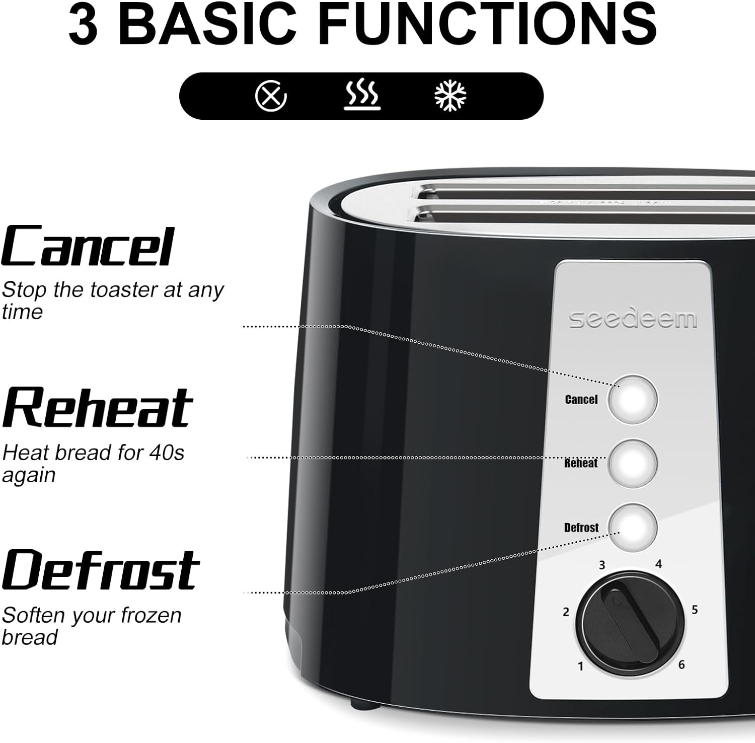 SEEDEEM Toaster 2 Slice, Extra Wide Slot Toaster, 6 Shade Settings, Bread Toaster with Cancel, Defrost, Reheat Function, Extra Wide Slots for Waffle or Bagel, Removable Crumb Tray, 750W, Classic Black