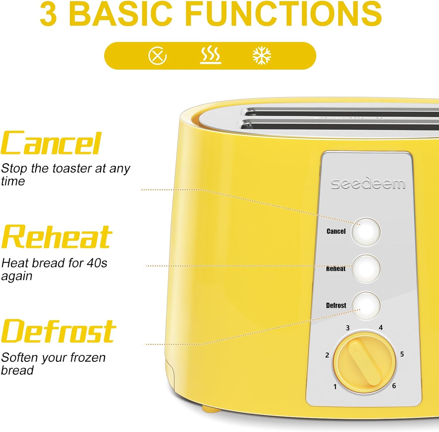 SEEDEEM Toaster 2 Slice, Extra Wide Slot Toaster, 6 Shade Settings, Bread Toaster with Cancel, Defrost, Reheat Function, Extra Wide Slots for Waffle or Bagel, Removable Crumb Tray, 750W, Lemon Yellow