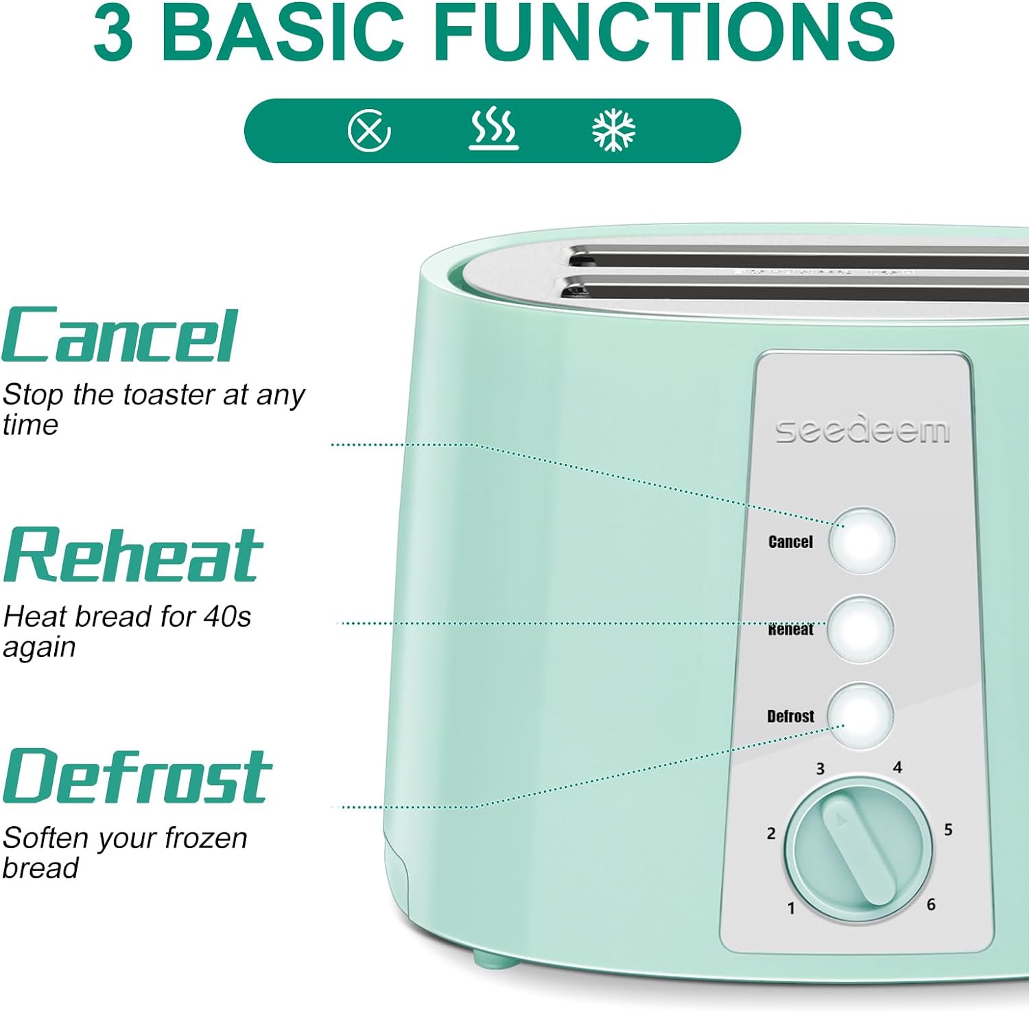 SEEDEEM Toaster 2 Slice, Extra Wide Slot Toaster, 6 Shade Settings, Bread Toaster with Cancel, Defrost, Reheat Function, Extra Wide Slots for Waffle or Bagel, Removable Crumb Tray, 750W, Azure Blue