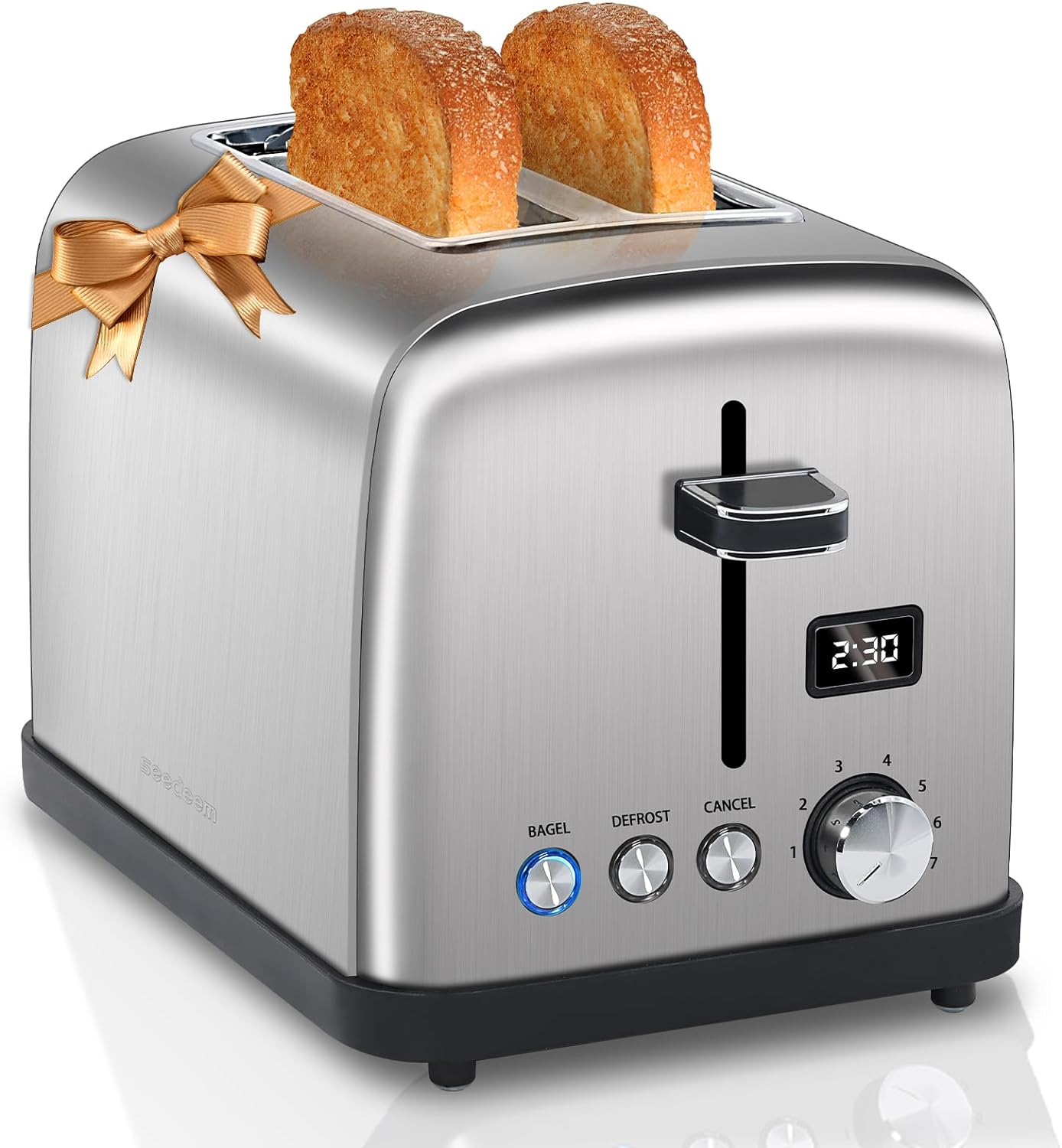 SEEDEEM Toaster 2 Slice, Stainless Steel Bread Toaster, LCD Display, 7 Shade Setting, 1.4'' Wide Slots, Digital Toaster for Bagel, Defrost, Reheat Function, Removable Crumb Tray, 900W, Silver Metallic