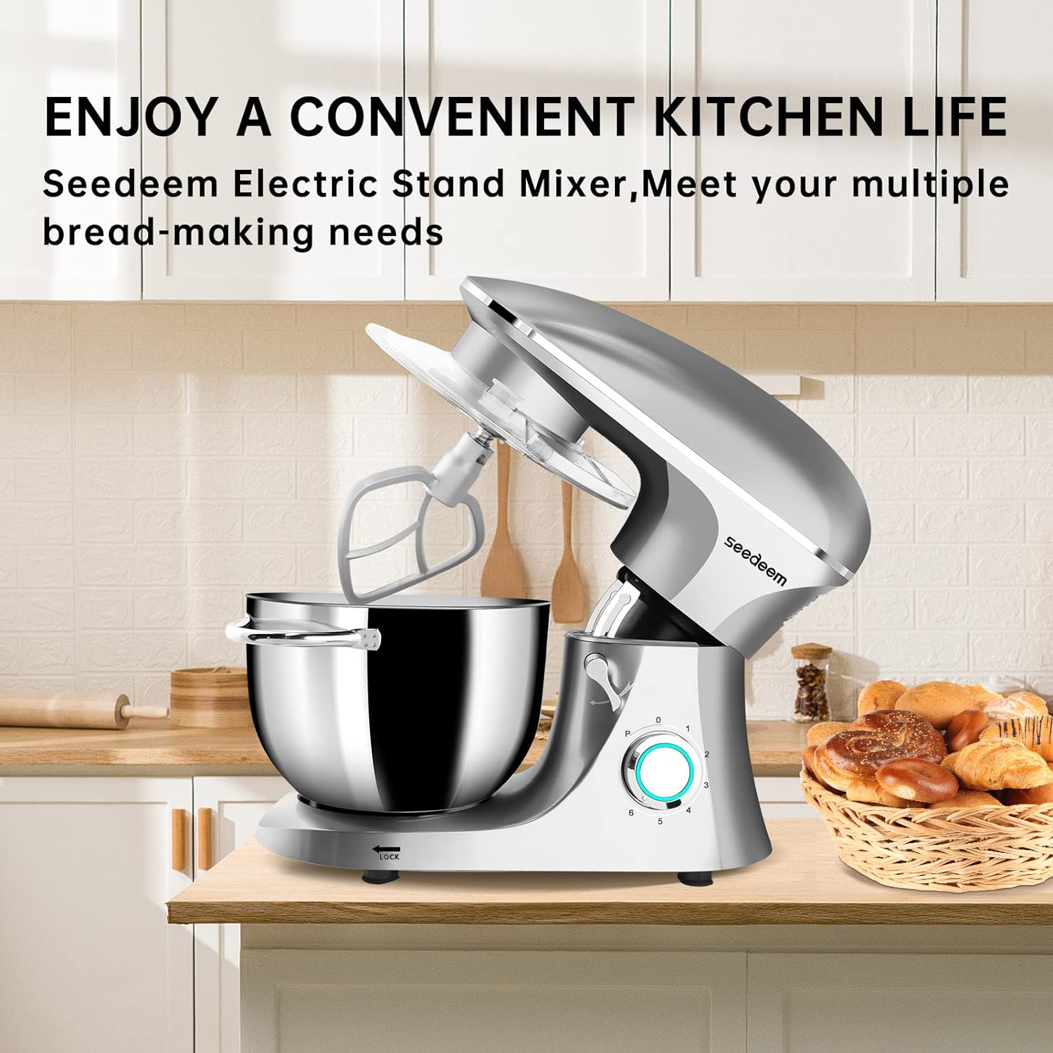 Seedeem Stand Mixer, 6Qt Electric Food Mixer, 660W 6-Speeds Tilt-Head Dough Mixers with Dishwasher-Safe Dough Hook, Wire Whip & Beater for Daily Use, Silver