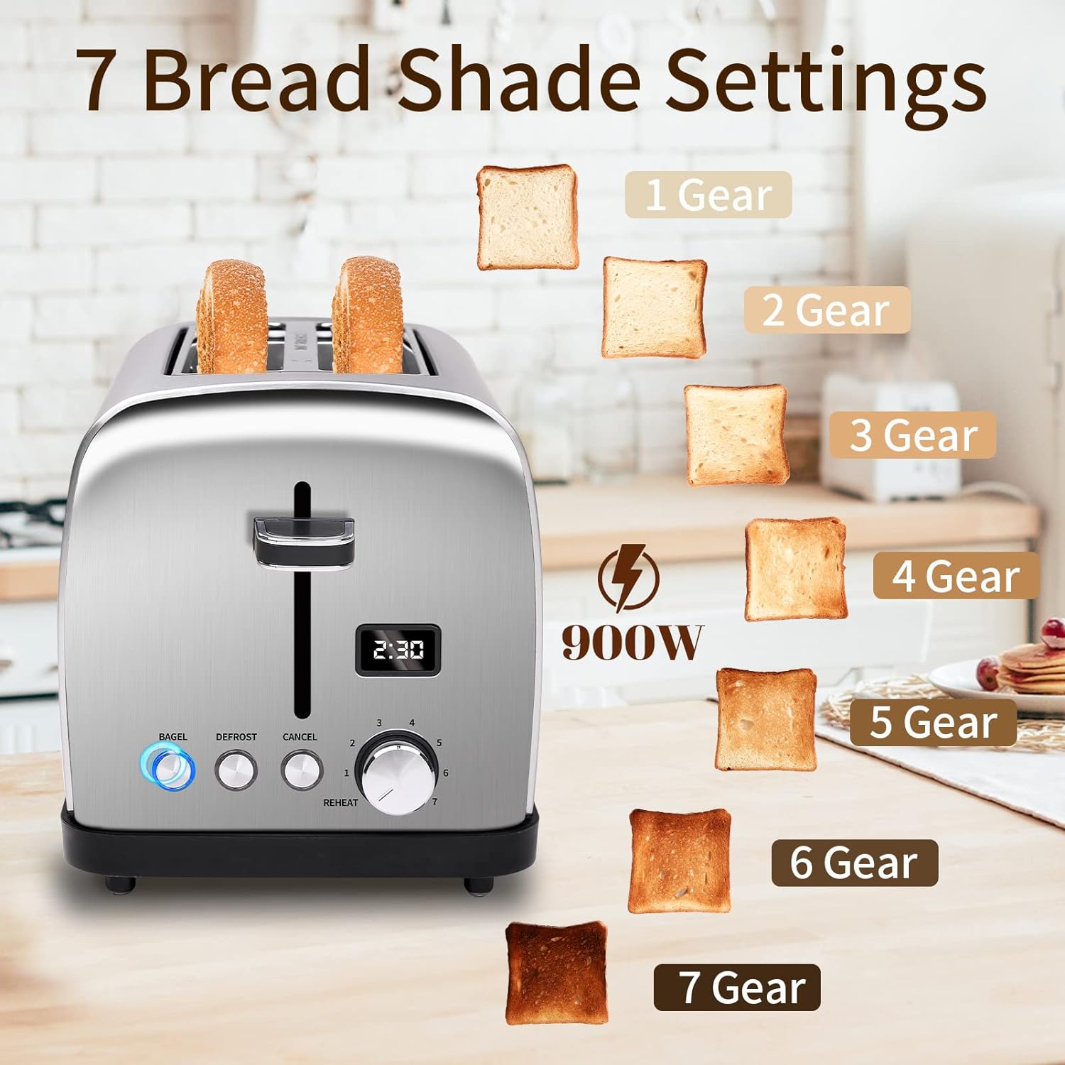 SEEDEEM Toaster 2 Slice, Stainless Steel Bread Toaster, LCD Display, 7 Shade Setting, 1.4'' Wide Slots, Digital Toaster for Bagel, Defrost, Reheat Function, Removable Crumb Tray, 900W, Silver Metallic