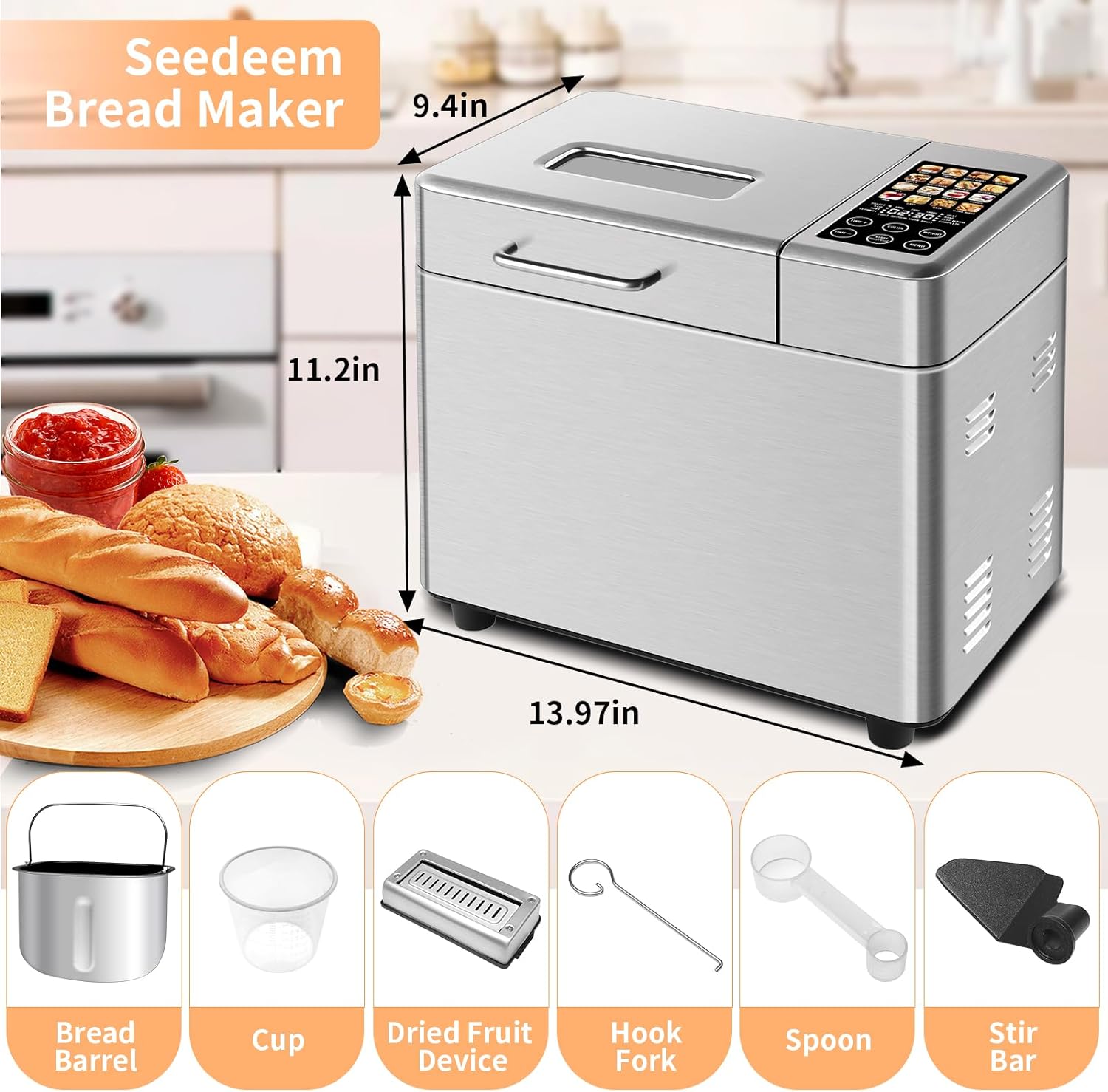 SEEDEEM 16-in-1 Bread Machine, 2.2LB Stainless Steel Bread Maker with Fruit and Nut Dispenser, Nonstick Ceramic Pan, 3 Crust Colors & 3 Loaf Sizes, Touch Panel, Recipes, Silver