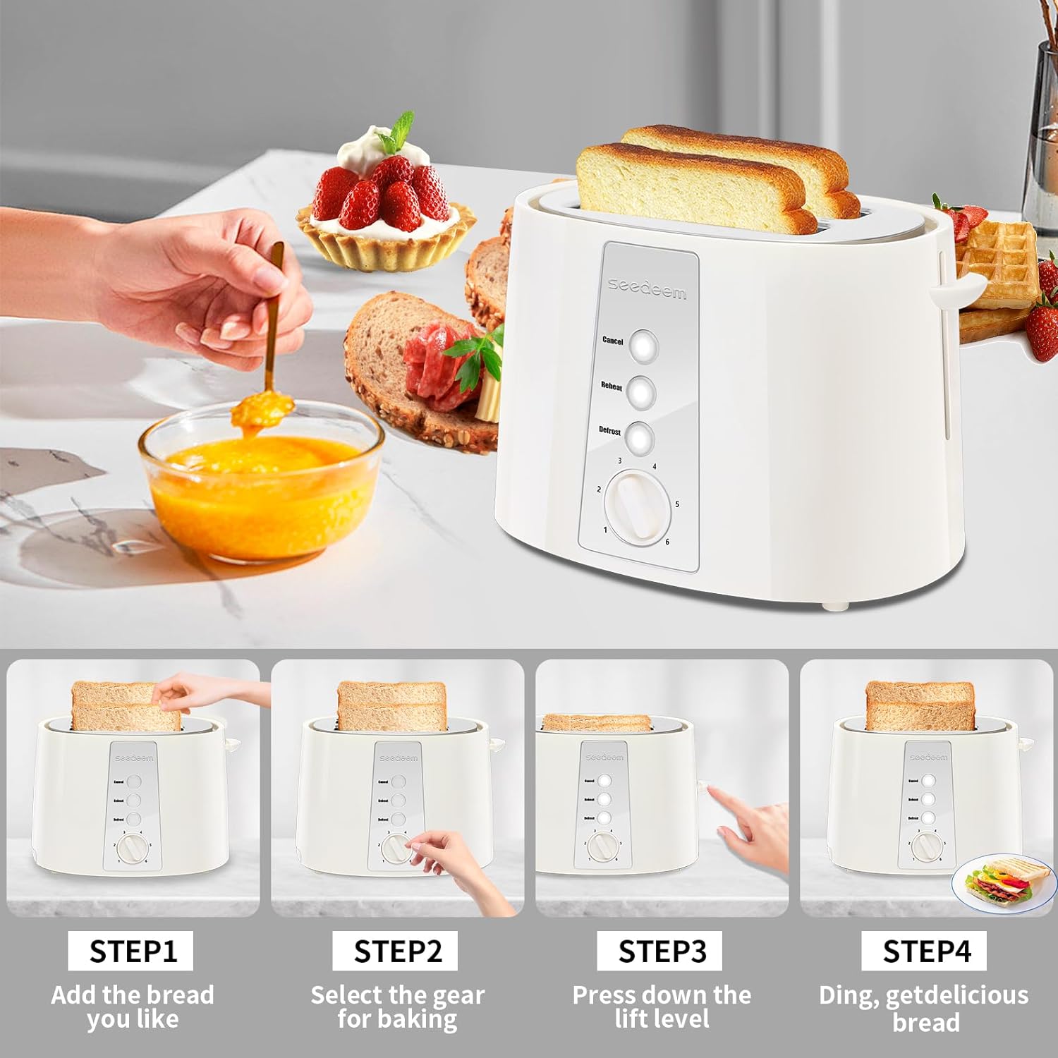 SEEDEEM Toaster 2 Slice, Extra Wide Slot Toaster, 6 Shade Settings, Bread Toaster with Cancel, Defrost, Reheat Function, Extra Wide Slots for Waffle or Bagel, Removable Crumb Tray, 750W, Cream White