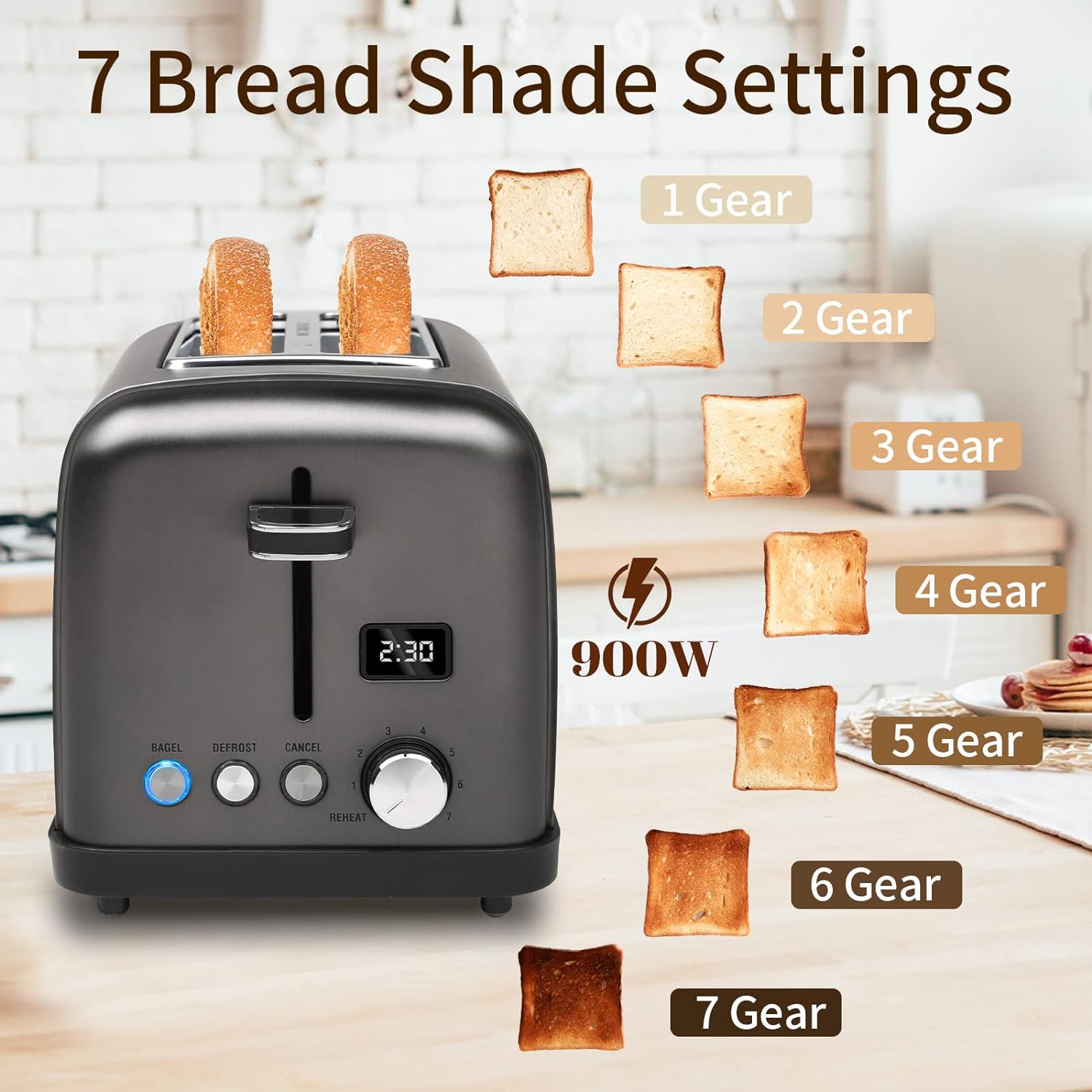 SEEDEEM Toaster 2 Slice, Stainless Steel Bread Toaster, LCD Display, 7 Shade Settings, 1.4'' Wide Slots, Digital Toaster for Bagel, Defrost, Reheat Functions, Removable Crumb Tray, 900W, Dark Metallic