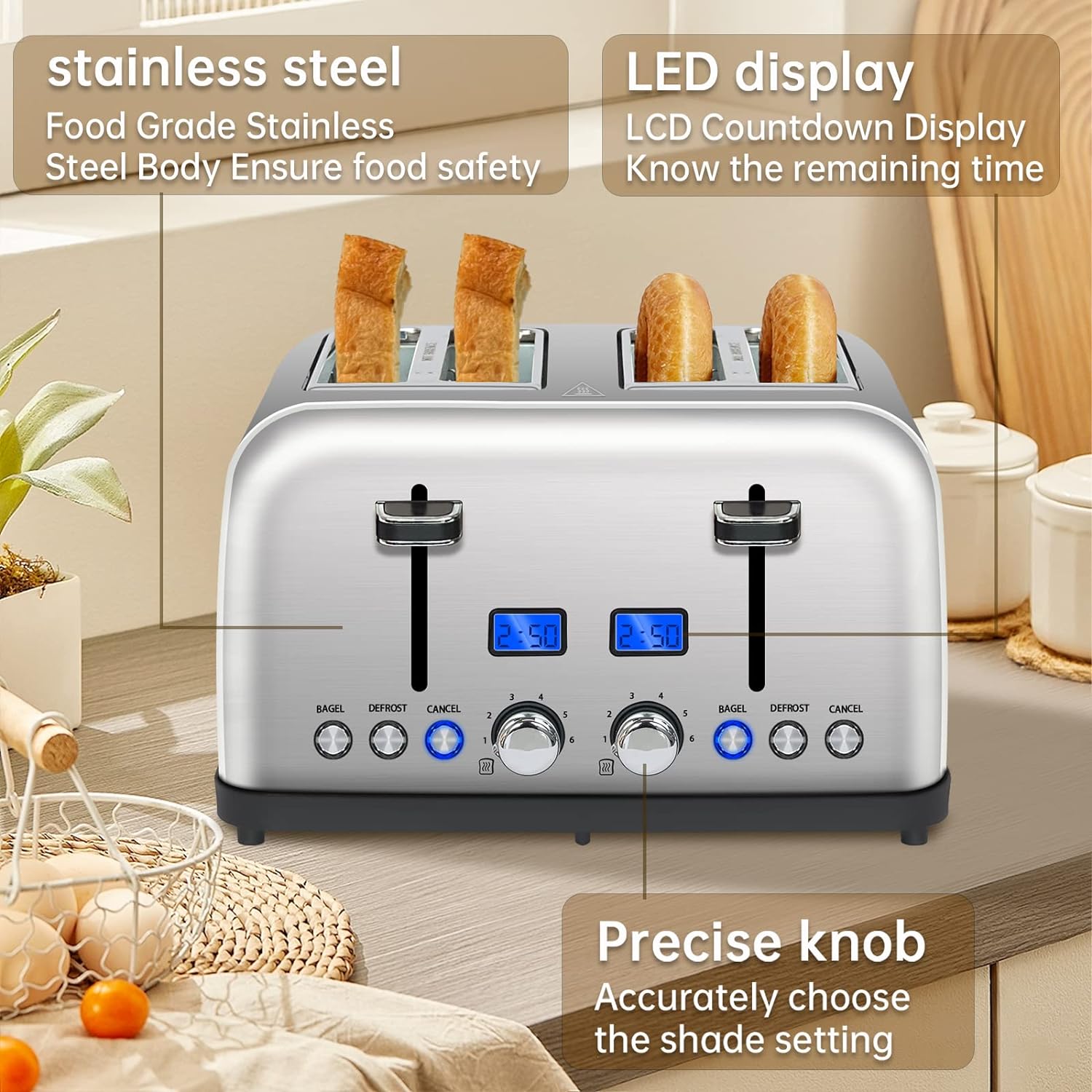 SEEDEEM Toaster 4 Slice, LCD Display, 6 Shade Settings Stainless
