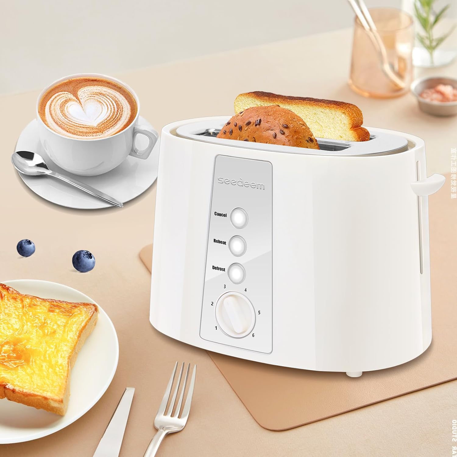 SEEDEEM Toaster 2 Slice, Extra Wide Slot Toaster, 6 Shade Settings, Bread Toaster with Cancel, Defrost, Reheat Function, Extra Wide Slots for Waffle or Bagel, Removable Crumb Tray, 750W, Cream White