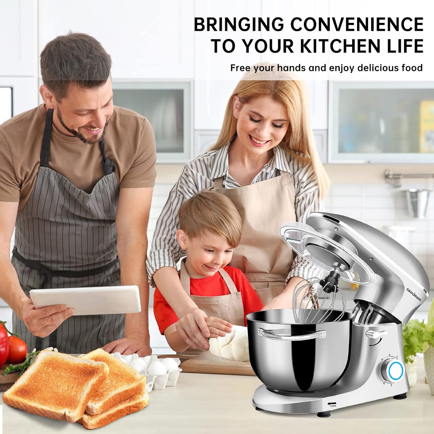 Seedeem Stand Mixer, 6Qt Electric Food Mixer, 660W 6-Speeds Tilt-Head Dough Mixers with Dishwasher-Safe Dough Hook, Wire Whip & Beater for Daily Use, Silver