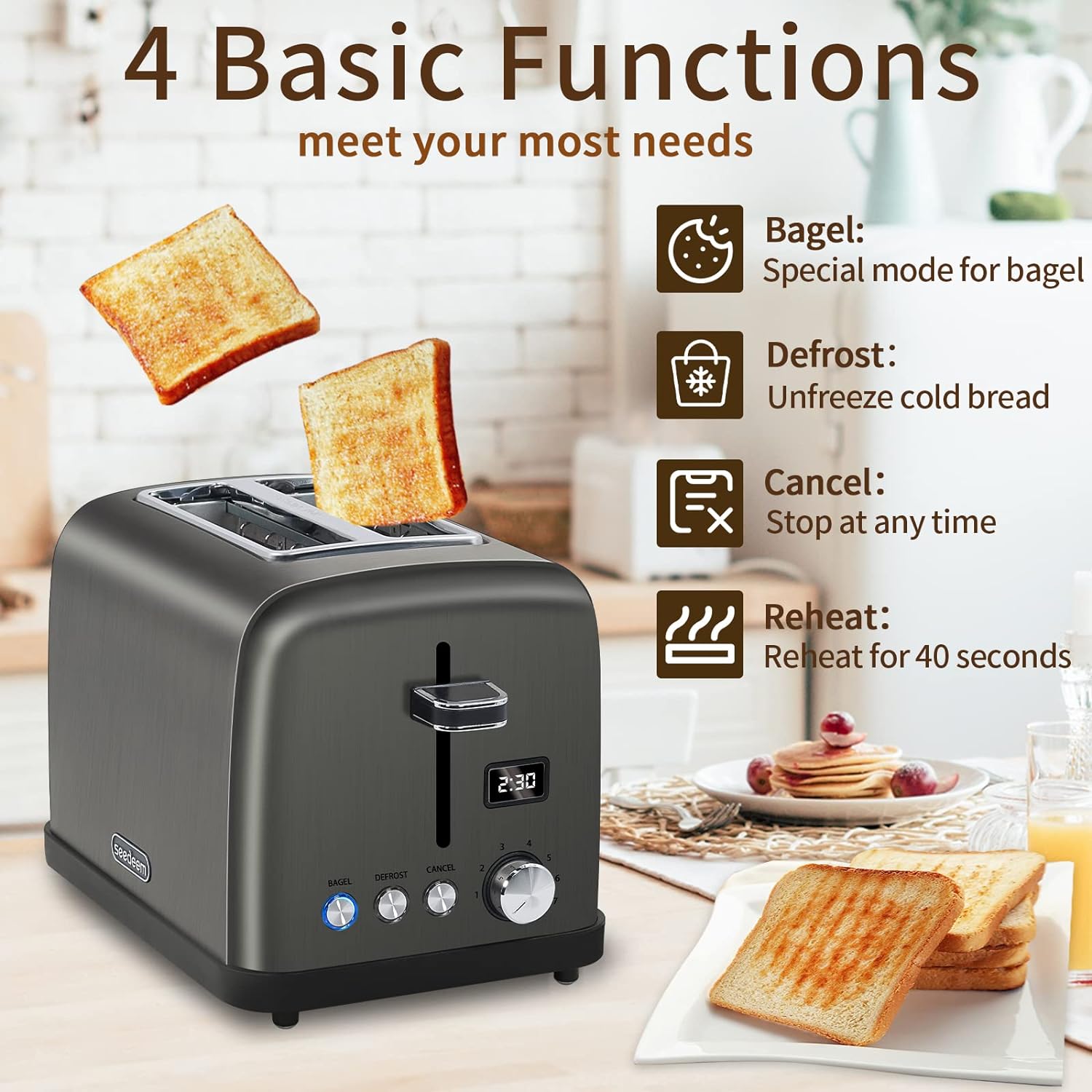 SEEDEEM Toaster 2 Slice, Stainless Steel Bread Toaster, LCD Display, 7 Shade Settings, 1.4'' Wide Slots, Digital Toaster for Bagel, Defrost, Reheat Functions, Removable Crumb Tray, 900W, Dark Metallic