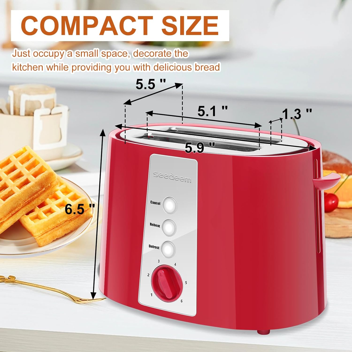 SEEDEEM Toaster 2 Slice, Extra Wide Slot Toaster, 6 Shade Settings, Bread Toaster with Cancel, Defrost, Reheat Function, Extra Wide Slots for Waffle or Bagel, Removable Crumb Tray, 750W, Retro Red