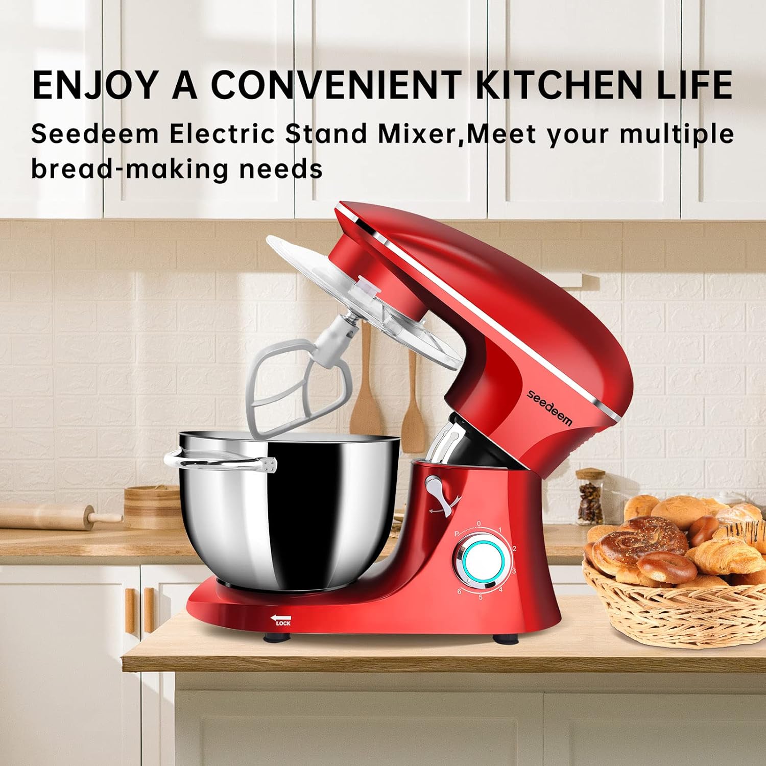 Seedeem Stand Mixer, 6Qt Electric Food Mixer, 660W 6-Speeds Tilt-Head Dough Mixers with Dishwasher-Safe Dough Hook, Wire Whip & Beater for Daily Use, Red