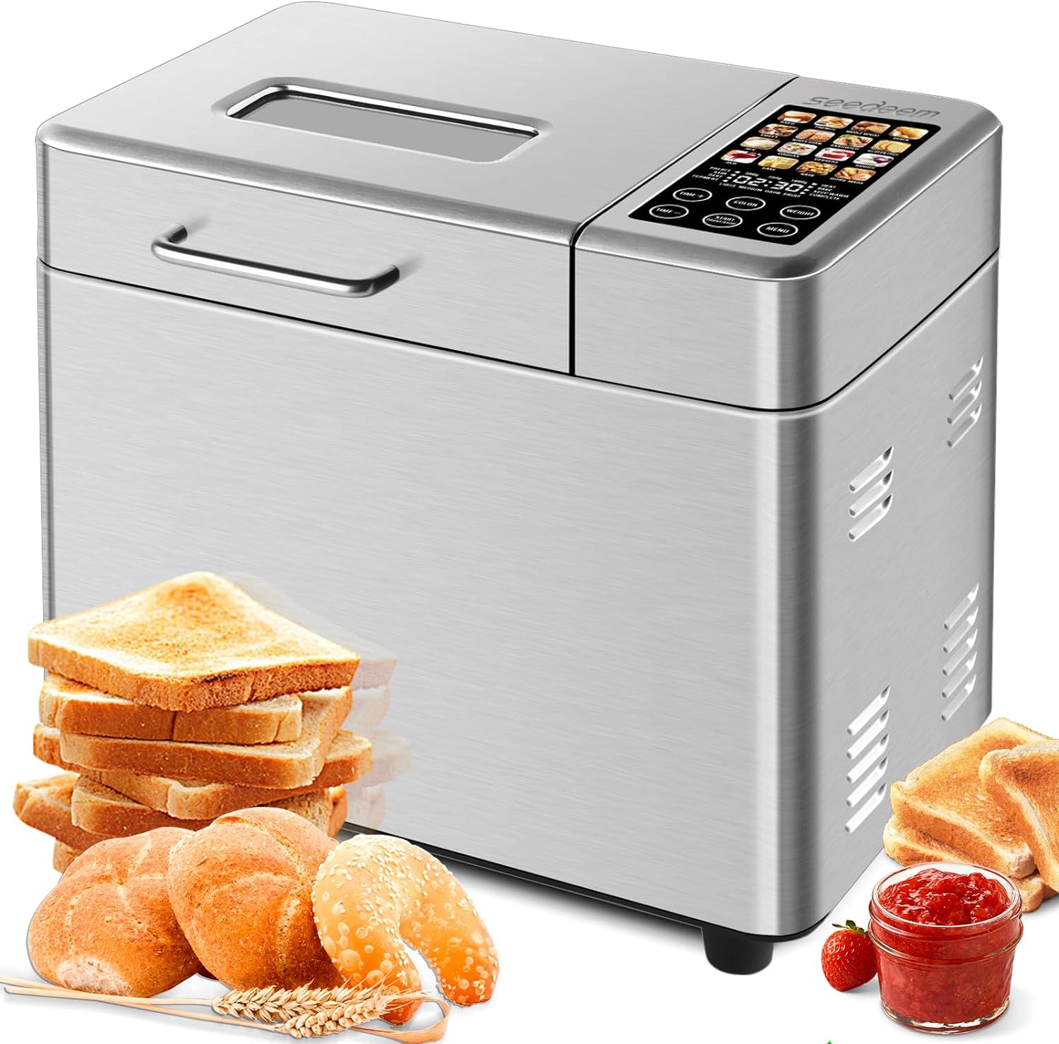 SEEDEEM 16-in-1 Bread Machine, 2.2LB Stainless Steel Bread Maker with Fruit and Nut Dispenser, Nonstick Ceramic Pan, 3 Crust Colors & 3 Loaf Sizes, Touch Panel, Recipes, Silver