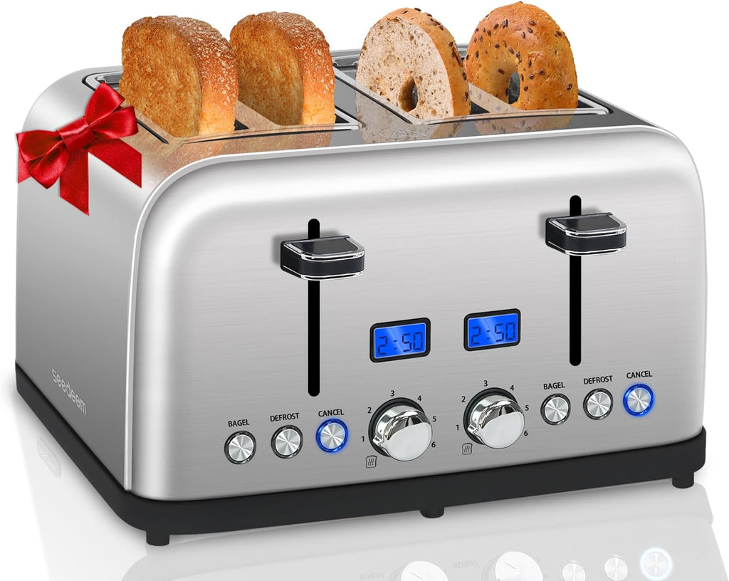 SEEDEEM Toaster 4 Slice, LCD Display, 6 Shade Settings Stainless Toaster, 1.5'' Wide Slots, Digital Toaster for Bagel, Defrost, Reheat, Dual Control, Removable Crumb Tray, 1500W, Silver Metallic