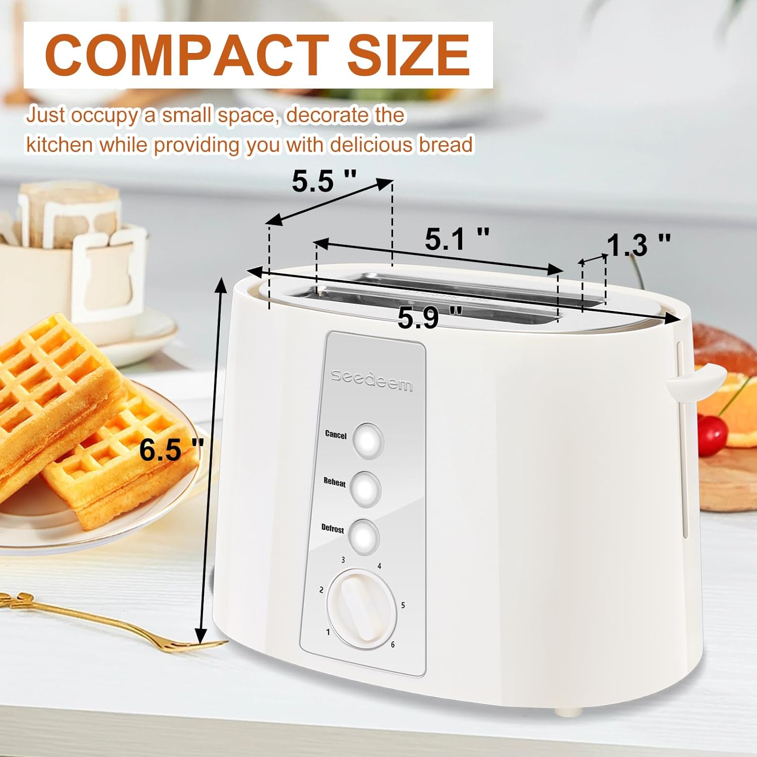 SEEDEEM Toaster 2 Slice, Extra Wide Slot Toaster, 6 Shade Settings, Bread Toaster with Cancel, Defrost, Reheat Function, Extra Wide Slots for Waffle or Bagel, Removable Crumb Tray, 750W, Cream White