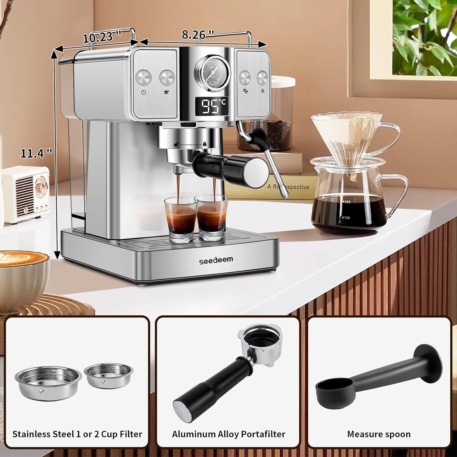 SEEDEEM Espresso Machine,20 Bar Espresso Maker with Milk Frother,Stainless Steel Latte and Cappuccino Machine with 1.8L(60 Fl Oz) Removable Water Tank-Stainless Steel