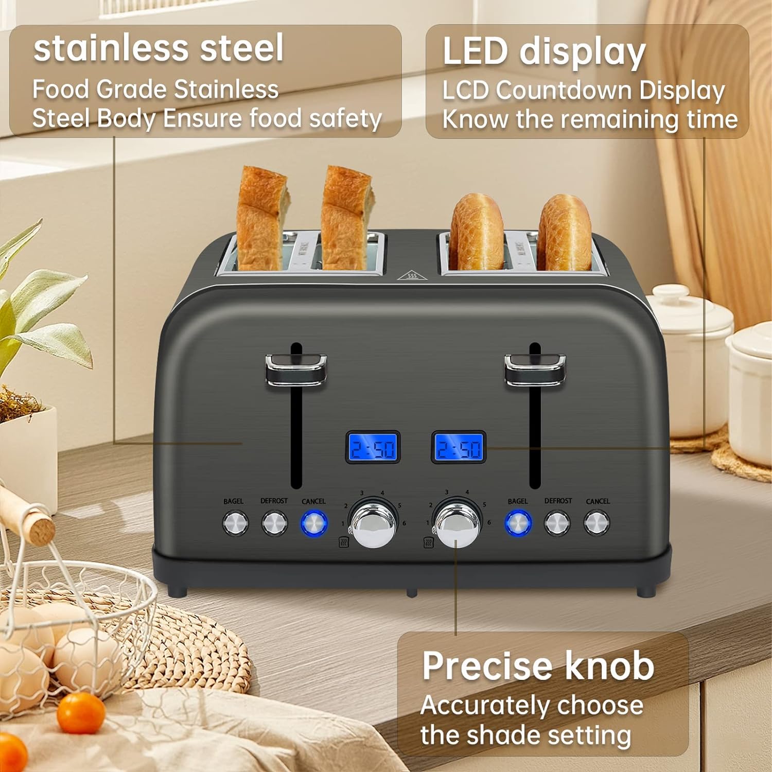 SEEDEEM Toaster 4 Slice, LCD Display, 6 Shade Settings Stainless Toaster, 1.5'' Wide Slots, Digital Toaster for Bagel, Defrost, Reheat, Dual Control, Removable Crumb Tray, 1500W, Dark Metallic