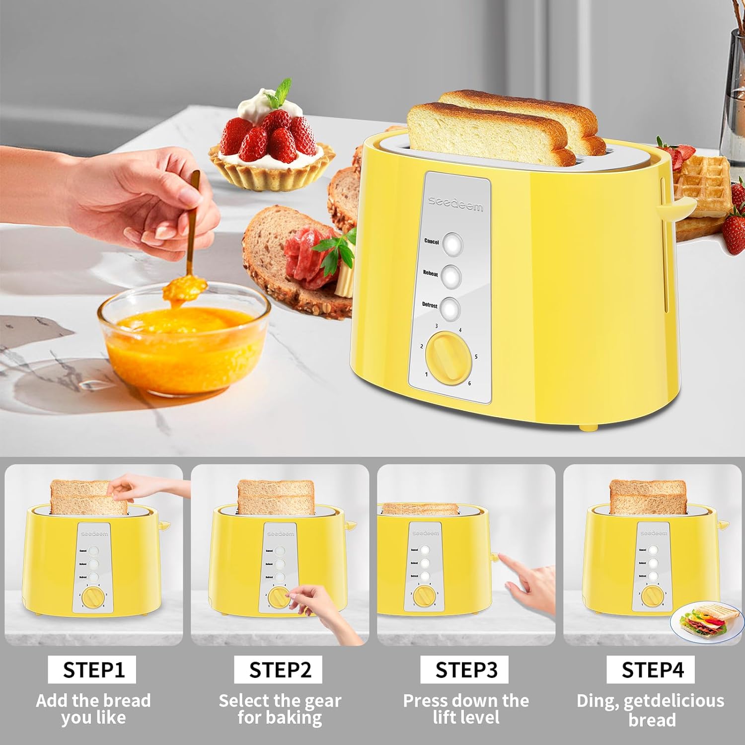 SEEDEEM Toaster 2 Slice, Extra Wide Slot Toaster, 6 Shade Settings, Bread Toaster with Cancel, Defrost, Reheat Function, Extra Wide Slots for Waffle or Bagel, Removable Crumb Tray, 750W, Lemon Yellow