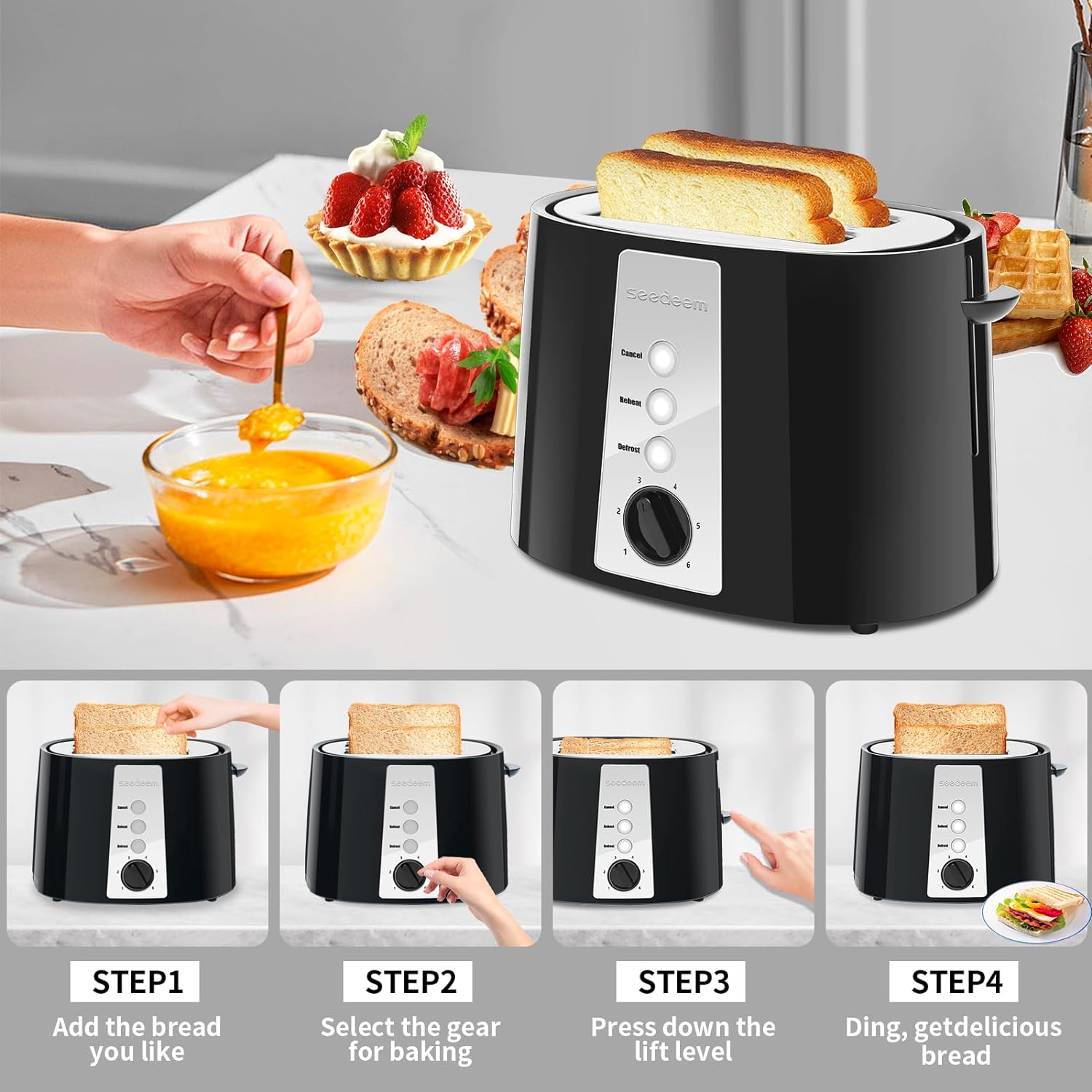 SEEDEEM Toaster 2 Slice, Extra Wide Slot Toaster, 6 Shade Settings, Bread Toaster with Cancel, Defrost, Reheat Function, Extra Wide Slots for Waffle or Bagel, Removable Crumb Tray, 750W, Classic Black