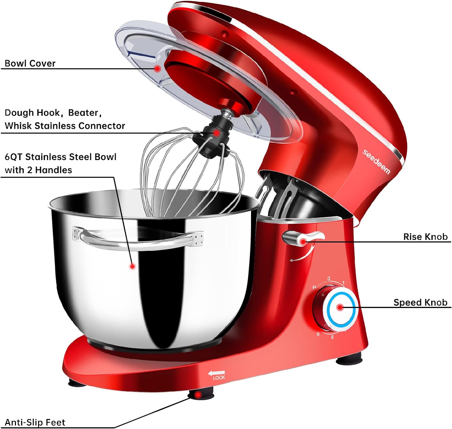 Seedeem Stand Mixer, 6Qt Electric Food Mixer, 660W 6-Speeds Tilt-Head Dough Mixers with Dishwasher-Safe Dough Hook, Wire Whip & Beater for Daily Use, Red