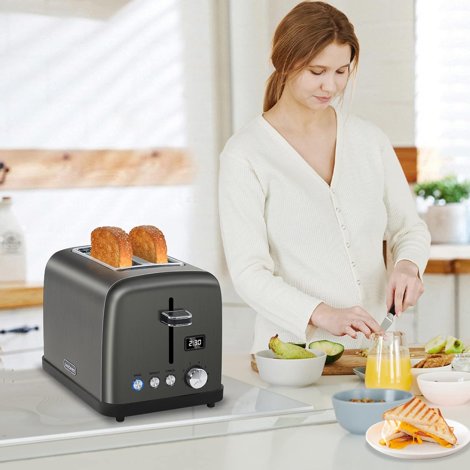 SEEDEEM Toaster 2 Slice, Stainless Steel Bread Toaster, LCD Display, 7 Shade Settings, 1.4'' Wide Slots, Digital Toaster for Bagel, Defrost, Reheat Functions, Removable Crumb Tray, 900W, Dark Metallic