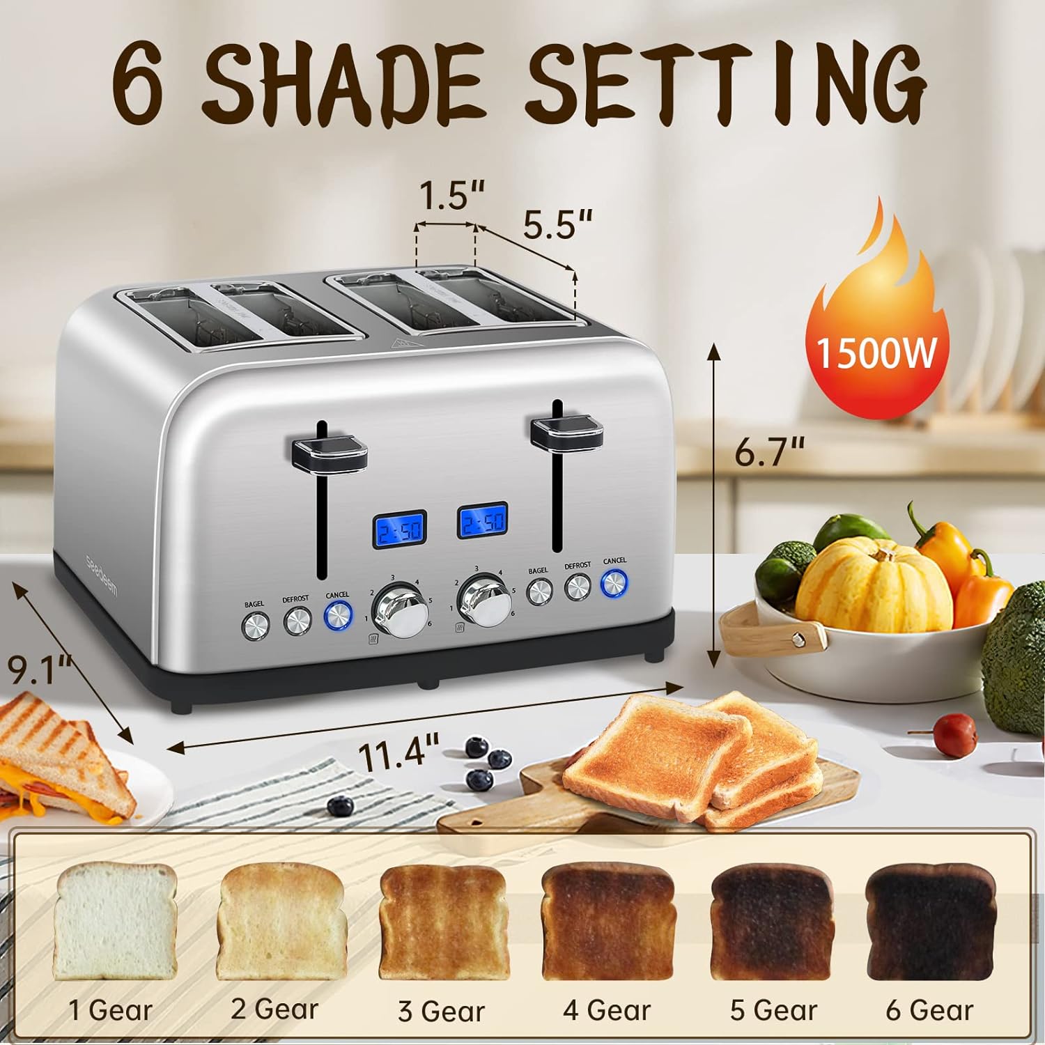 SEEDEEM Toaster 4 Slice, LCD Display, 6 Shade Settings Stainless