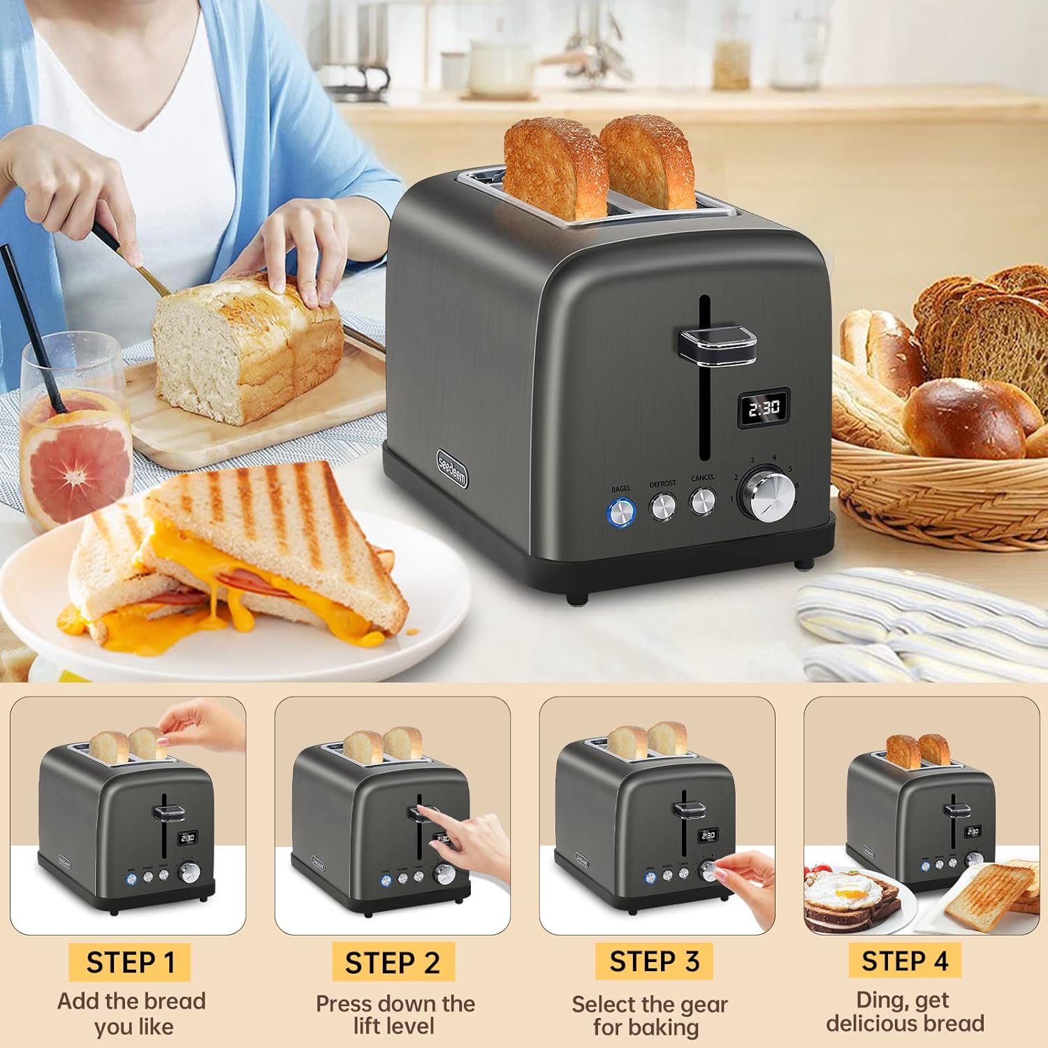 SEEDEEM Toaster 2 Slice, Stainless Steel Bread Toaster, LCD Display, 7 Shade Settings, 1.4'' Wide Slots, Digital Toaster for Bagel, Defrost, Reheat Functions, Removable Crumb Tray, 900W, Dark Metallic