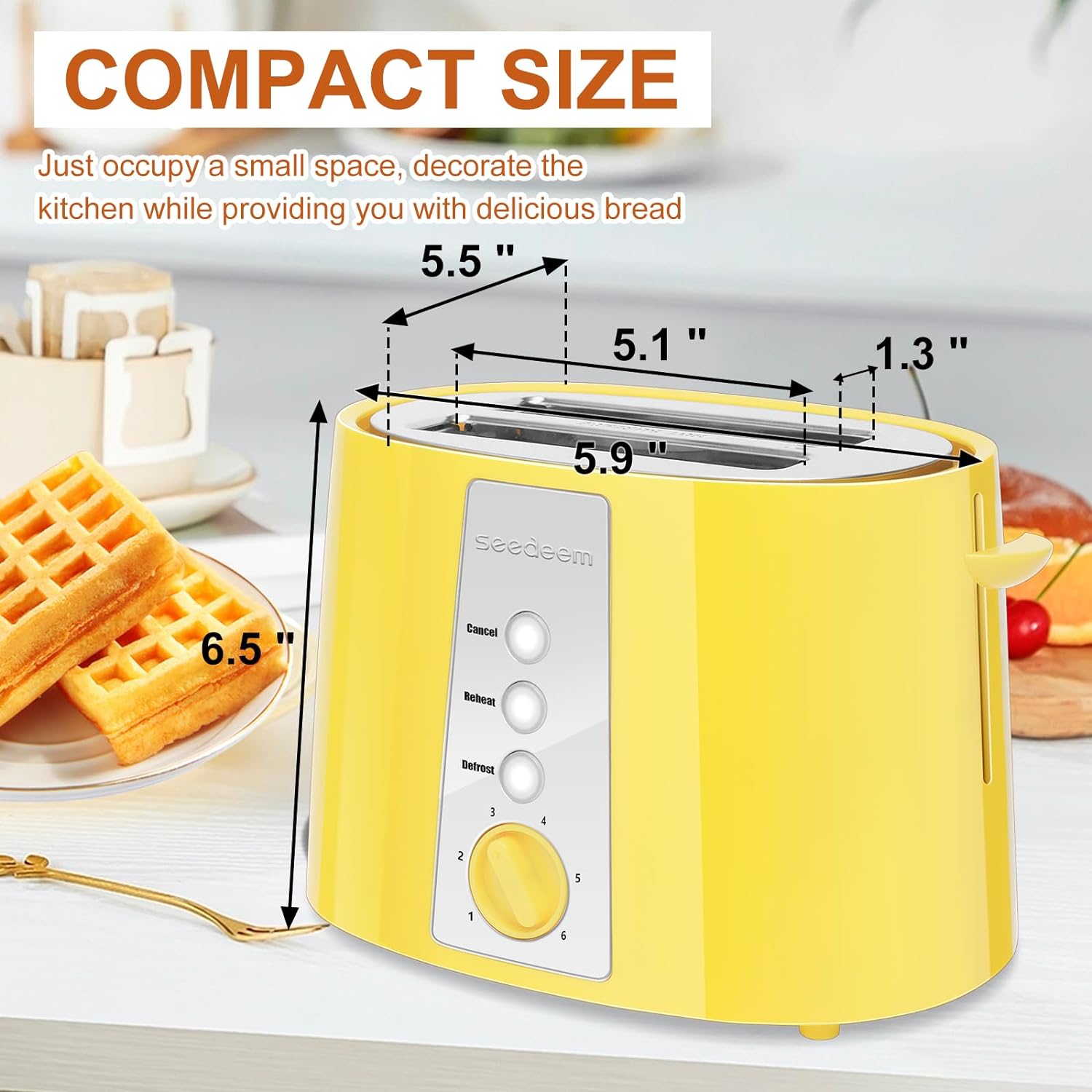 SEEDEEM Toaster 2 Slice, Extra Wide Slot Toaster, 6 Shade Settings, Bread Toaster with Cancel, Defrost, Reheat Function, Extra Wide Slots for Waffle or Bagel, Removable Crumb Tray, 750W, Lemon Yellow