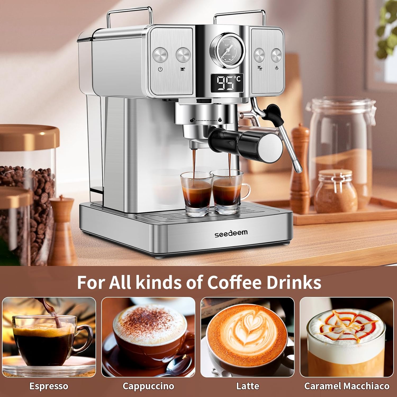 SEEDEEM Espresso Machine,20 Bar Espresso Maker with Milk Frother,Stainless Steel Latte and Cappuccino Machine with 1.8L(60 Fl Oz) Removable Water Tank-Stainless Steel