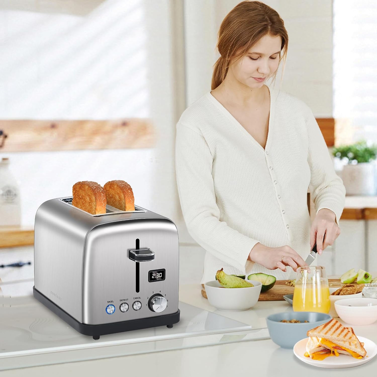 SEEDEEM Toaster 2 Slice, Stainless Steel Bread Toaster, LCD Display, 7 Shade Setting, 1.4'' Wide Slots, Digital Toaster for Bagel, Defrost, Reheat Function, Removable Crumb Tray, 900W, Silver Metallic