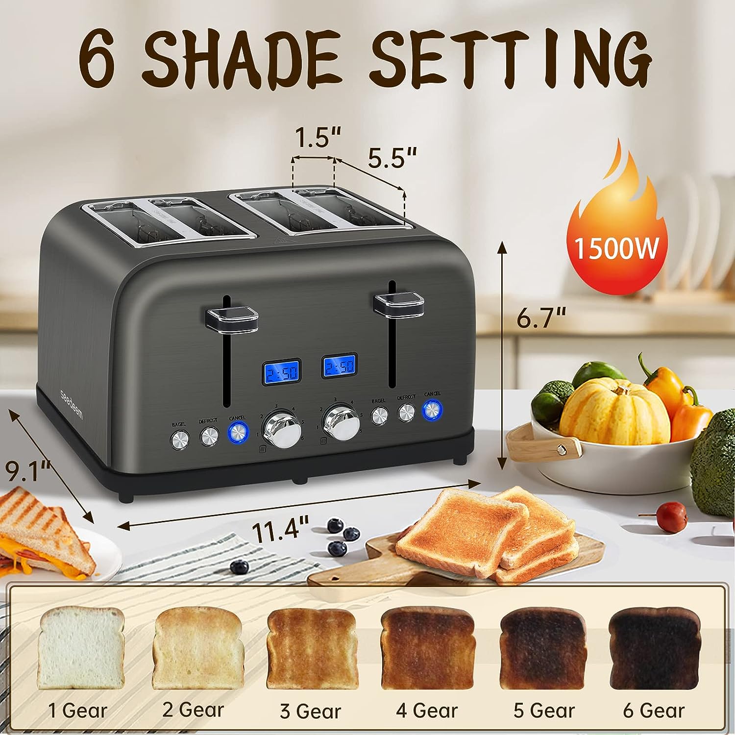 SEEDEEM Toaster 4 Slice, LCD Display, 6 Shade Settings Stainless Toaster, 1.5'' Wide Slots, Digital Toaster for Bagel, Defrost, Reheat, Dual Control, Removable Crumb Tray, 1500W, Dark Metallic