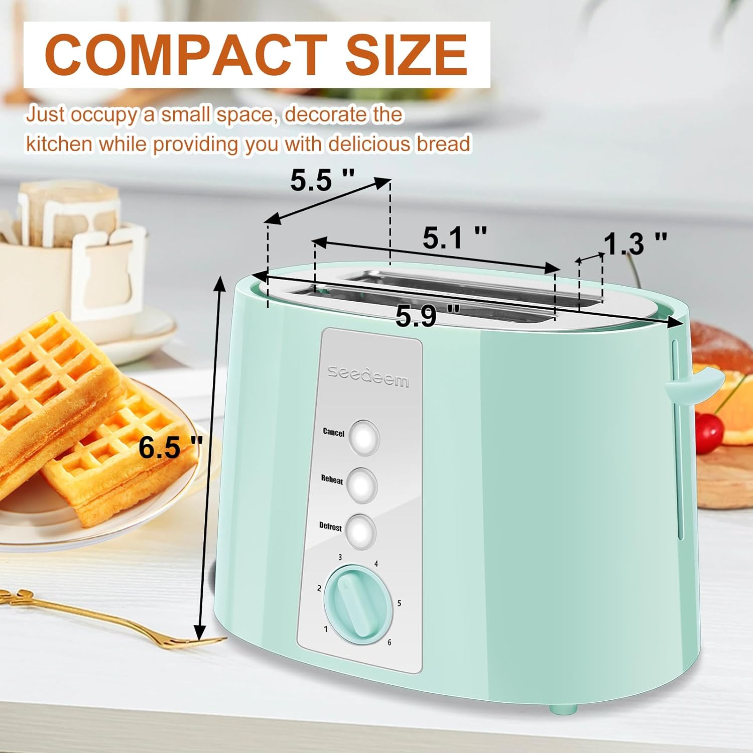 SEEDEEM Toaster 2 Slice, Extra Wide Slot Toaster, 6 Shade Settings, Bread Toaster with Cancel, Defrost, Reheat Function, Extra Wide Slots for Waffle or Bagel, Removable Crumb Tray, 750W, Azure Blue