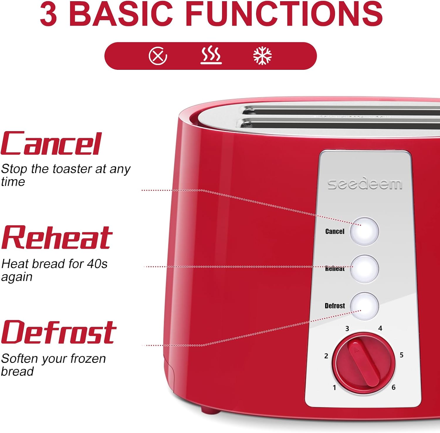 SEEDEEM Toaster 2 Slice, Extra Wide Slot Toaster, 6 Shade Settings, Bread Toaster with Cancel, Defrost, Reheat Function, Extra Wide Slots for Waffle or Bagel, Removable Crumb Tray, 750W, Retro Red