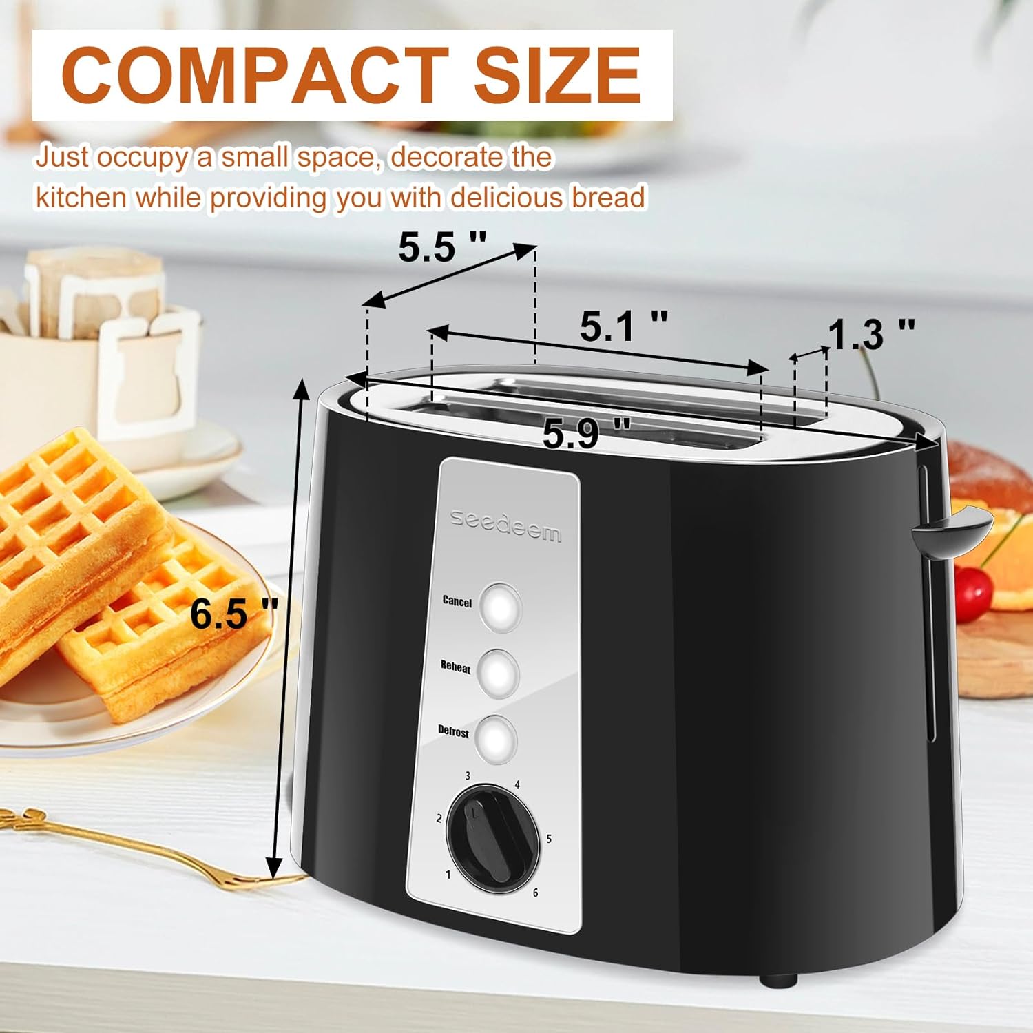 SEEDEEM Toaster 2 Slice, Extra Wide Slot Toaster, 6 Shade Settings, Bread Toaster with Cancel, Defrost, Reheat Function, Extra Wide Slots for Waffle or Bagel, Removable Crumb Tray, 750W, Classic Black