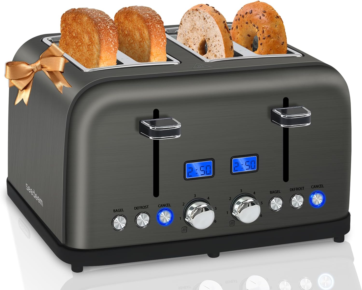 SEEDEEM Toaster 4 Slice, LCD Display, 6 Shade Settings Stainless Toaster, 1.5'' Wide Slots, Digital Toaster for Bagel, Defrost, Reheat, Dual Control, Removable Crumb Tray, 1500W, Dark Metallic