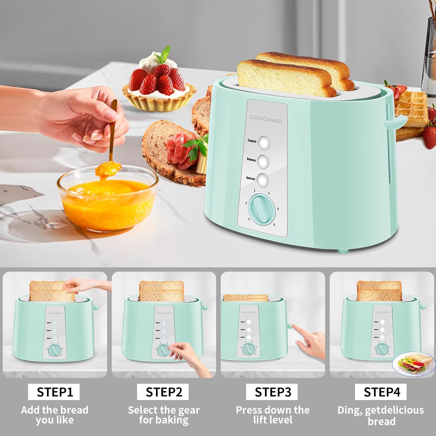 SEEDEEM Toaster 2 Slice, Extra Wide Slot Toaster, 6 Shade Settings, Bread Toaster with Cancel, Defrost, Reheat Function, Extra Wide Slots for Waffle or Bagel, Removable Crumb Tray, 750W, Azure Blue