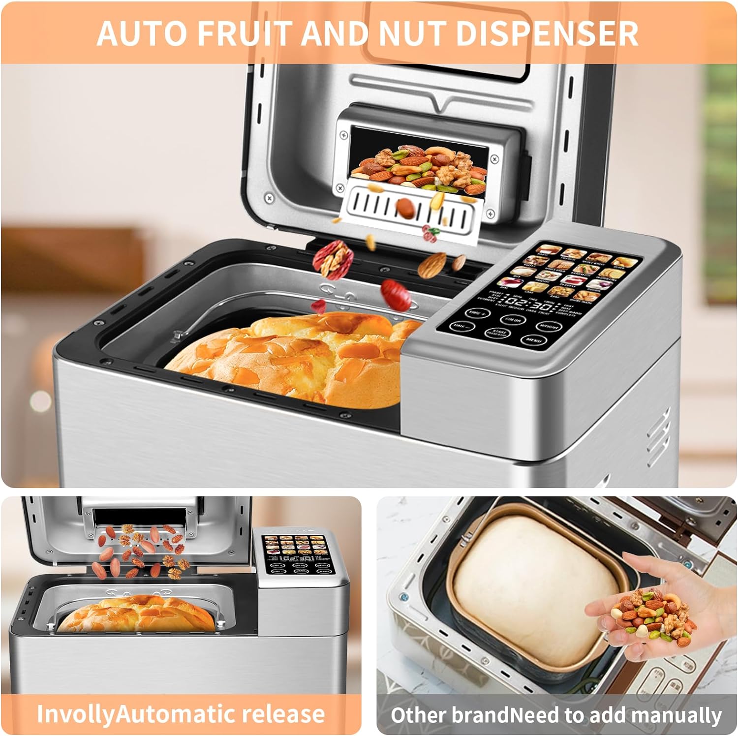 SEEDEEM 16-in-1 Bread Machine, 2.2LB Stainless Steel Bread Maker with Fruit and Nut Dispenser, Nonstick Ceramic Pan, 3 Crust Colors & 3 Loaf Sizes, Touch Panel, Recipes, Silver