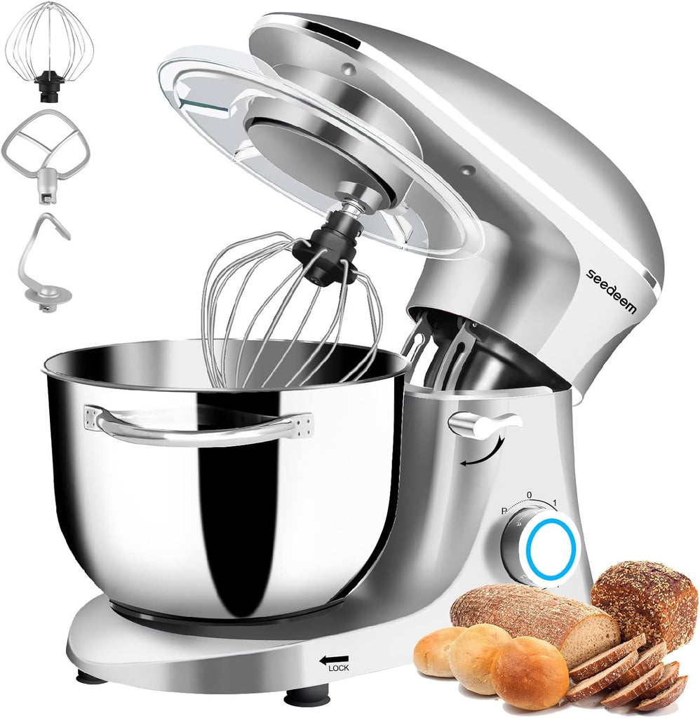 Seedeem Stand Mixer, 6Qt Electric Food Mixer, 660W 6-Speeds Tilt-Head Dough Mixers with Dishwasher-Safe Dough Hook, Wire Whip & Beater for Daily Use, Silver