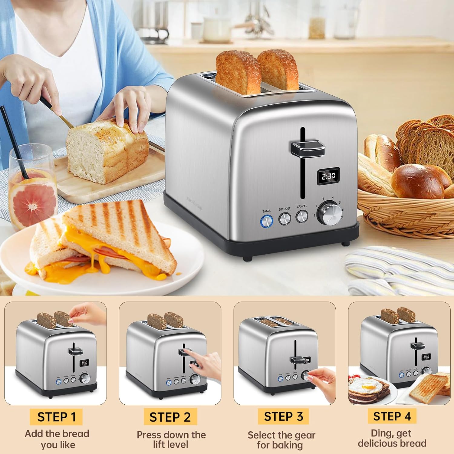 SEEDEEM Toaster 2 Slice, Stainless Steel Bread Toaster, LCD Display, 7 Shade Setting, 1.4'' Wide Slots, Digital Toaster for Bagel, Defrost, Reheat Function, Removable Crumb Tray, 900W, Silver Metallic