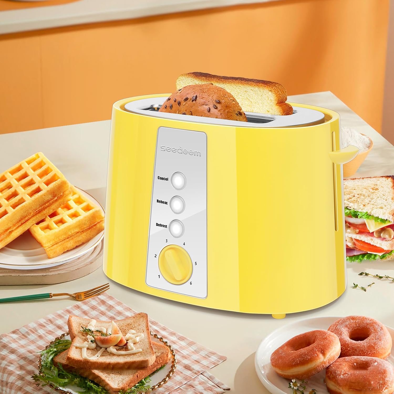 SEEDEEM Toaster 2 Slice, Extra Wide Slot Toaster, 6 Shade Settings, Bread Toaster with Cancel, Defrost, Reheat Function, Extra Wide Slots for Waffle or Bagel, Removable Crumb Tray, 750W, Lemon Yellow